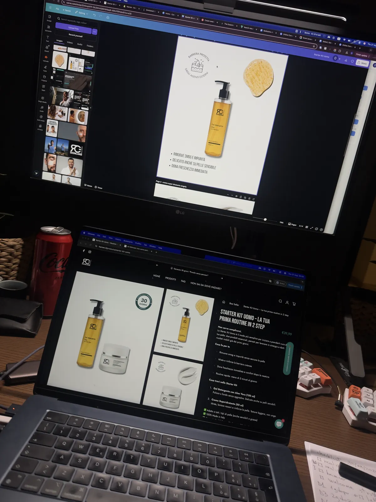 Scheda prodotto di Harcen sul portatile e contenuti in lavorazione sul monitor